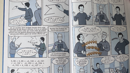 In Comicstrips diskutieren Wissenschaftler an einer Tafel mit abstrakten Formeln