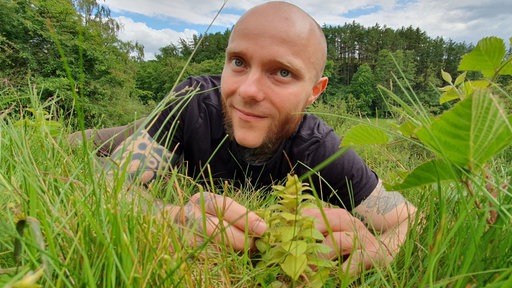 Lukas Kübler liegt vor einem Pyramiden-Günsel im Gras