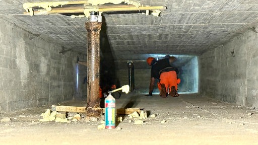 Stützpfeiler, im Hintergrund Prüfingenieur im Brückenbauwerk