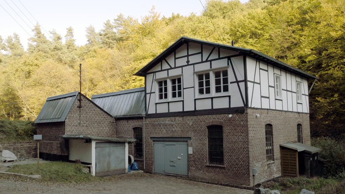 Fachwerkhaus mit angebautem Schuppen vor einem Wald 