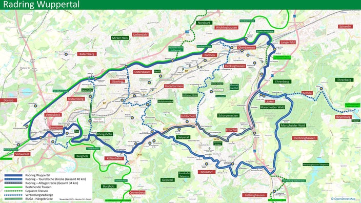 Eine Karte mit dem Radring Wuppertal, rechts unten eine Legende