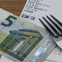 Kassenbon, 5 Euro Schein, Gabel