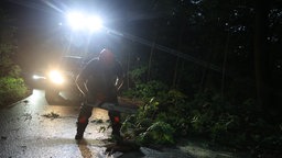 Ein Feuerwehrmann zersägt in der Nacht einen umgestürzten Baum, der auf einer Straße liegt.