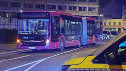 Ein lila SEV-Bus am Straßenrand