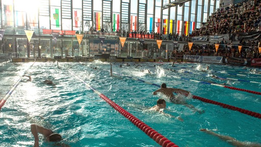 Schwimmoper von Innen, mit Flaggen und Schwimmern