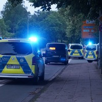 Polizeieinsatzfahrzeuge stehen mit Blaulicht am Straßenrand 