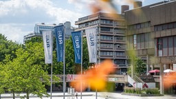 Die Ruhr-Universität Bochum: mehrere große Gebäude, vor ihnen wegen große Fahnen mit der Aufschrift "Ruhr-Universität Bochum"
