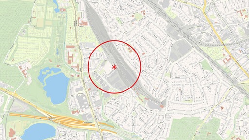 Eine Karte vom Düsseldorfer Stadtteil Oberbilk mit einem roten Radius in der Mitte eingezeichnet
