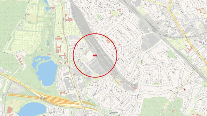 Eine Karte vom Düsseldorfer Stadtteil Oberbilk mit einem roten Radius in der Mitte eingezeichnet