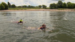 Reporterin Annika Müller und ein Strömungsretter der DLRG schwimmen im Rhein gegen die Strömung.
