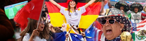 Grafik zum FIFA WM 2026: Menschen aus unterschiedlichen Ländern feiern