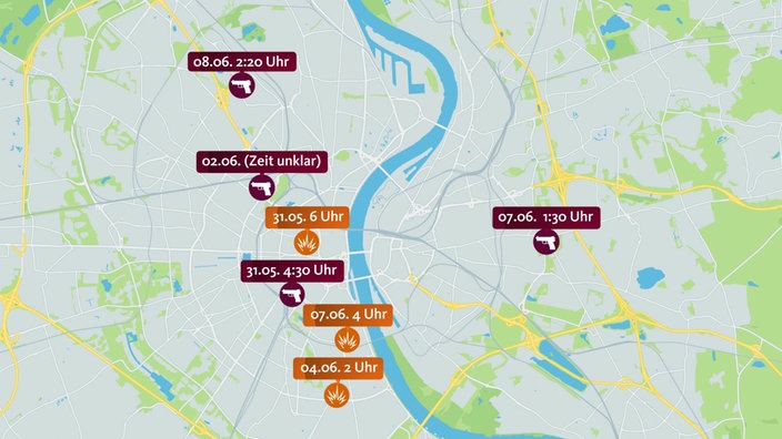 Stadtplan von Köln. Eingezeichnet sieben Standorte an denen es Anschläge gegeben hat.