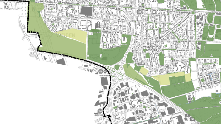 Der Stadtbauplan eines Teils von Köln, mit eingezeichneten Grünflächen und Wohnflächen.