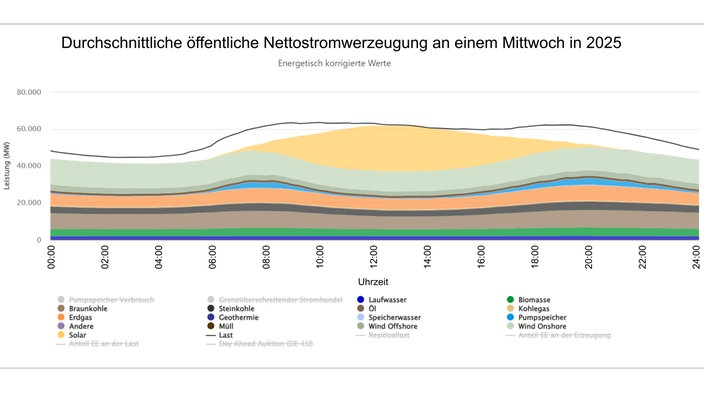 Eine Grafik zeigt, dass morgens und abends besonders viel Energie gebraucht wird. Die Batteriespeicher sollen den Bedarf in den Spitzenzeiten ausgleichen.
