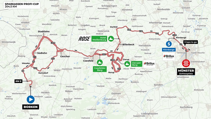 Das Bild zeigt den Streckenverlauf für die Profiradfahrer beim Sparkassen Münsterland Giro 2026.