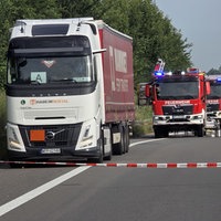 Links ist ein LKW, dahinter zwei Feuerwehrfahrzeuge. Rechts stehen einige Feuerwehrmänner in Montur.