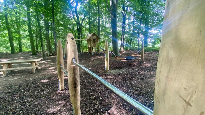 Die Stationen des Spielplatzes im Wald sind aus Holz. stangen, eine Hängematte und ein kleines Baumhaus stehen zwischen Bäumen.