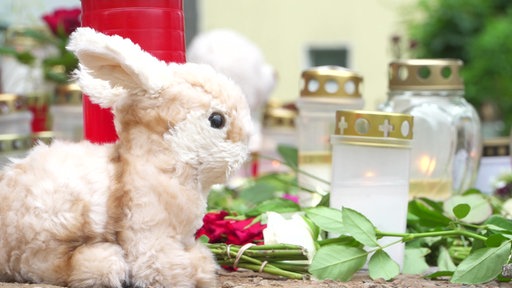 Ein Stoffhase ist im Vordergrund und im Hintergrund Grableuchten