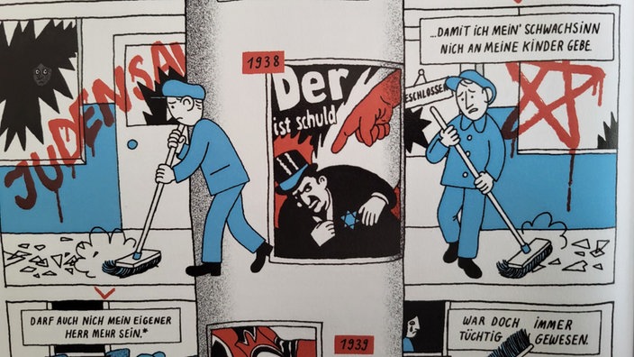 Comicillustration welche die Ausgrenzung von Juden 1938 zeigt. 