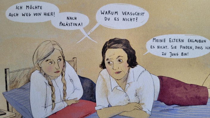 Comic Illustration zu einem Gespräch zwischen zwei Frauen, über Flucht aufgrund des Holocausts.