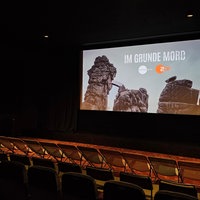 Im Kinosaal ist auf einer Leinwand der Krimi mit ZDF-Logo zu sehen