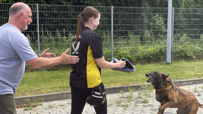 Postbotin trainiert Angriffssituation mit Hund 