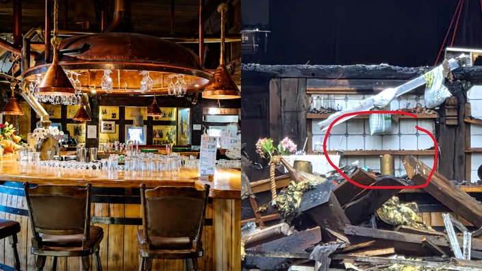 Gegenüberstellung des Gastraums: Links im Zustand vor Brand und Einbruch, rechts danach. Im rechten Bild sieht man die Zerstörung und das Fehlen der Zapafanlage.