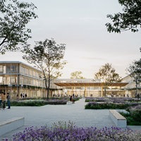Der Krankenhaus-Neubau in Espelkamp, wie ihn sich die Architekten vorstellen. Niedrige Gebäude mit viel Glas und Holz inmitten eines Parks.