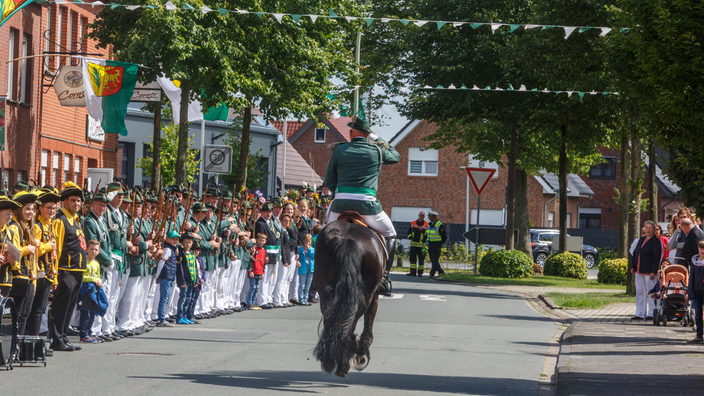 Ein Reiter 2017 beim Schützenumzug in Warendorf-Hoetmar in grüner Uniform auf einer Straße mit Zuschauern und Fahnen