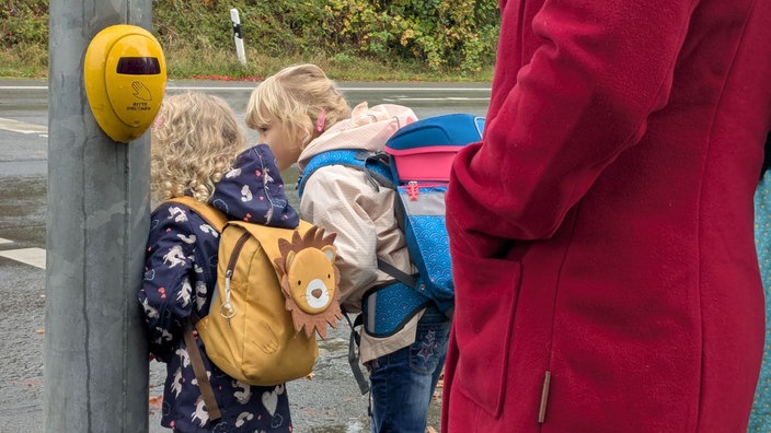 Zwei Kinder stehen an der Ampel und beobachten den Verkehr. Neben ihnen steht ihre Mutter.