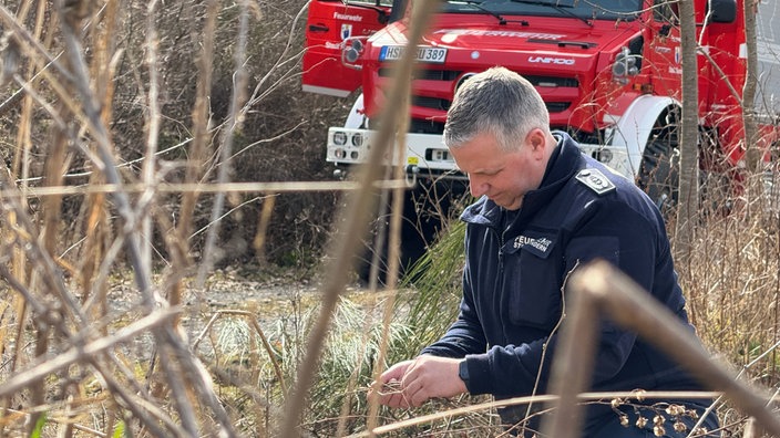 Ein Feuerwehrmann steht in einem Waldstück, im Vordergrund ist ausgetrocknetes Laub zu sehen