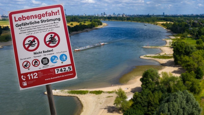 Montage: Schild zum Badeverbot, dahinter Luftbild vom Rhein 