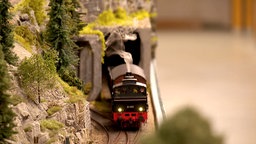 Eine schwarze Modelldampflok fährt auf Miniaturgleisen, links sind Felsen und Miniatur-Bäume.