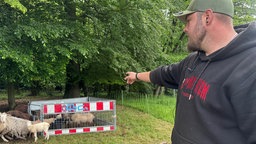 Ein Mann mit Bart und Kappe zeigt mit seiner rechten  Hand auf ein Quadrat gebildet aus vier Zäunen. Links daneben stehen Schafe und in dem Quadrat auch.