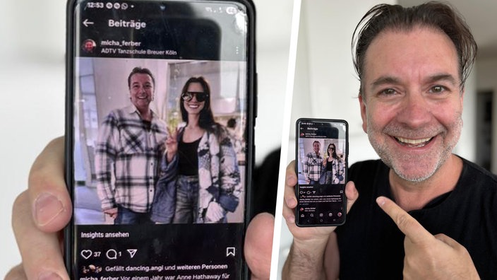 Michael Ferber zeigt sein Handy mit einem Foto von ihm und Anne Hathaway.