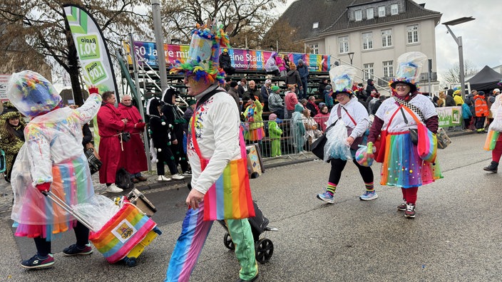 Eine Fußtruppe mit kunterbunten Kostümen beim Veilchendienstagszug