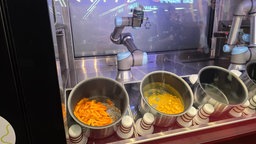 Hinter einer Glasscheibe mehrere Töpfe nebeneinander mit unterschiedlichen Gerichten, dahinter ein Roboterarm