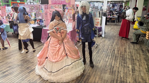 Zwei Menschen tragen Cosplay. Eine Frau im rosafarbenen Kleid und ein Mann im dunkelblauen Frack.