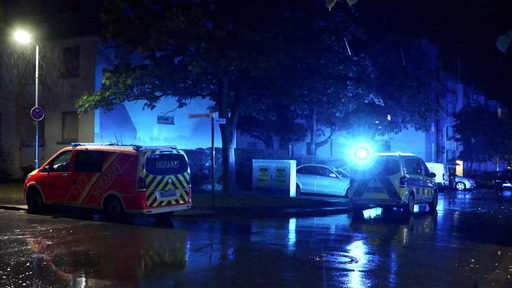 Das Bild zeigt einen Einsatzwagen der Polizei und des Notarztes auf einer dunklen Straße.
