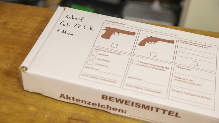 Karton für Beweismittel mit aufgedruckten Pistolen Fotos