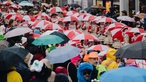 Viele verkleidete Menschen mit Regenschirmen. 