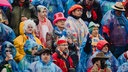 Viele verkleidete Menschen, einige tragen Regencapes.