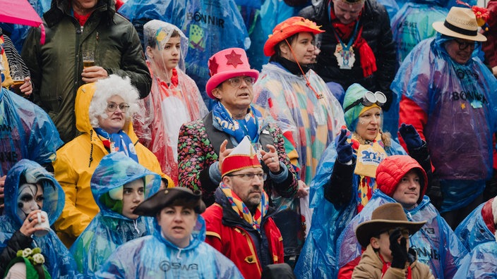 Viele verkleidete Menschen, einige tragen Regencapes.
