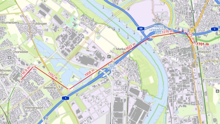 Ein Stadtplan der Stadt Köln und Teilen von Leverkusen mit grünen und lilafarbenen Makierungen
