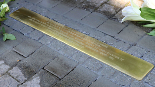 Stolperschwelle verlegt zwischen Pflastersteinen
