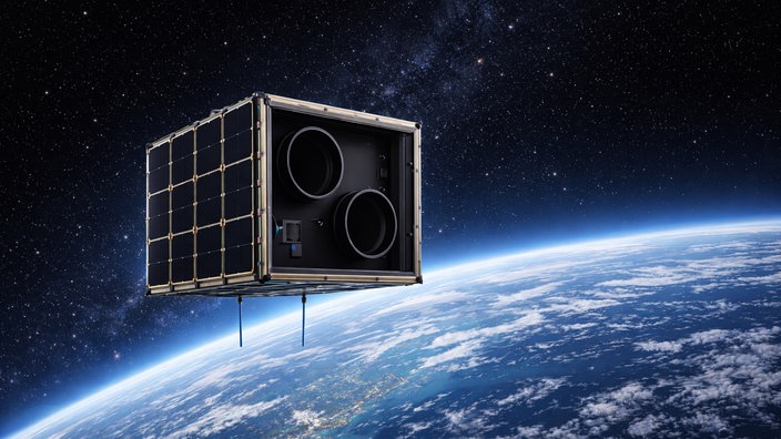 KI-generiertes Bild eines Satelliten mit Messtechnik