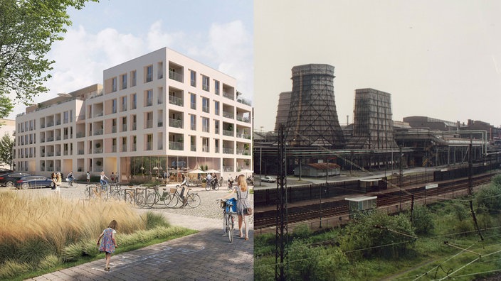 Es sind zwei Fotos nebeneinandergestellt. Auf der linken Seite sind Neubauten zu sehen, im Vordergrund sind Menschen. Rechts ist das alte Stahlwerk Westfalenhütte zu sehen, im Vordergrund verlaufen Eisenbahngleise.