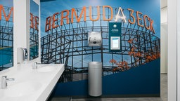 Die Sanifair WC-Anlage von innen mit großflächiger Wandgestaltung des "Bermuda3ecks"