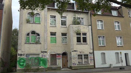 Auf dem Foto ist ein leerstehendes Haus. Die Fassade und die Fenster sind voller Graffitis. Aus den Fenstern wuchern Pflanzen.