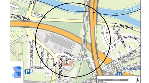 Evakuierungszone (Umkreis von 300 Metern um den Fundort) streckt sich über Ruhrdeich, Kreuz Kaiserberg und Ludwig-Krohne-Str.